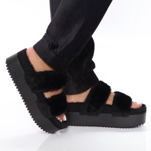 Black Furry Platform Slides